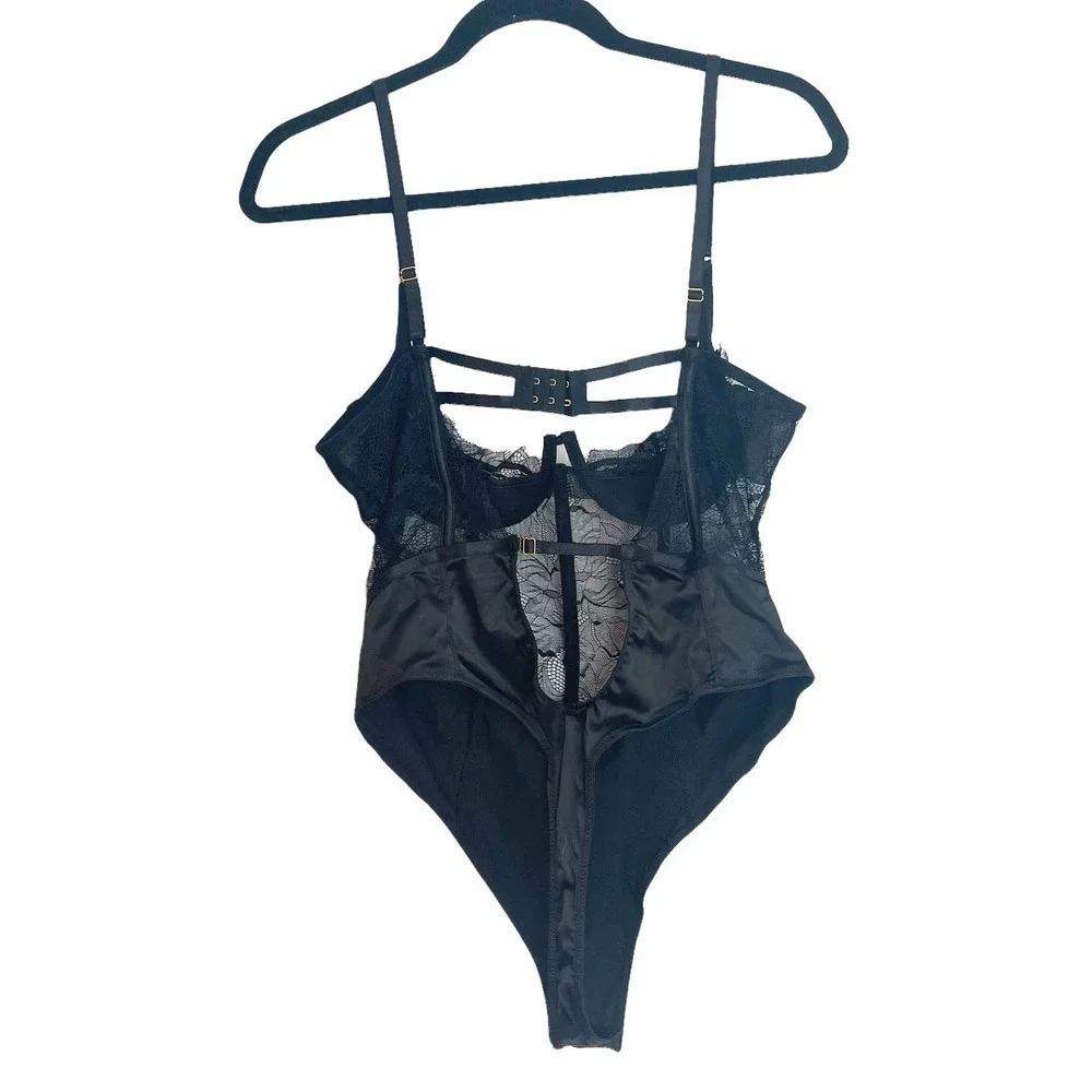 OH LA LA CHERI Satin & Lace Underwire Thong Bodysuit Black Women's Size L